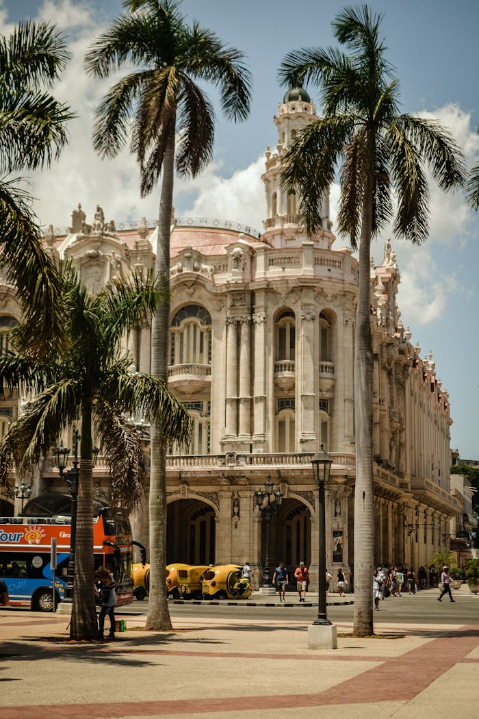 Grand colonial building in Havana, Cuba, framed by palm trees. A lively street scene showcasing classic architecture.